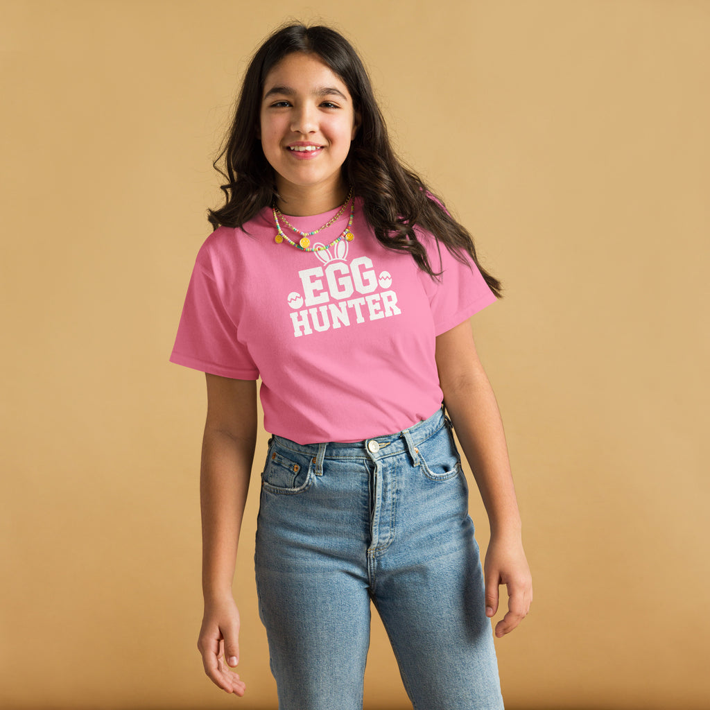 Back/detail view of Egg Hunter Design (Bunny + Eggs) Youth classic tee graphic T-shirt
