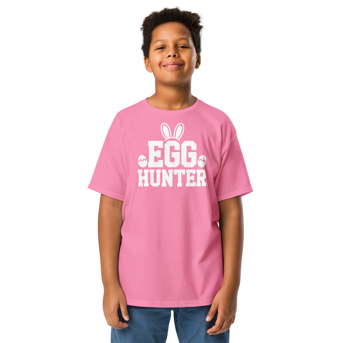 Back/detail view of Egg Hunter Design (Bunny + Eggs) Youth classic tee graphic T-shirt