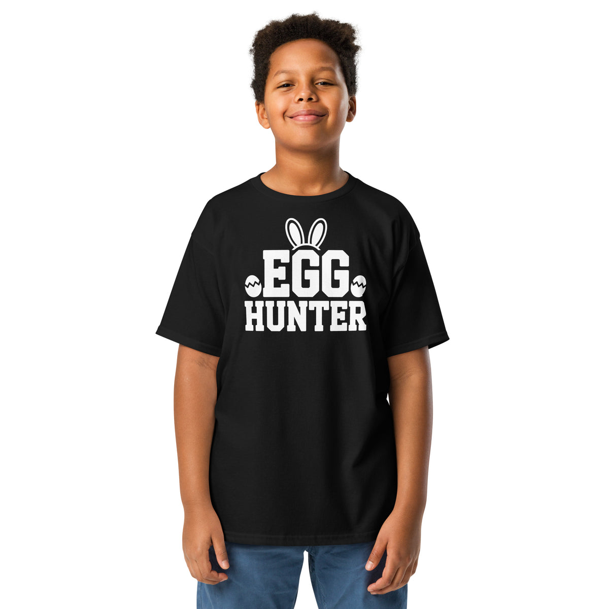 Back/detail view of Egg Hunter Design (Bunny + Eggs) Youth classic tee graphic T-shirt