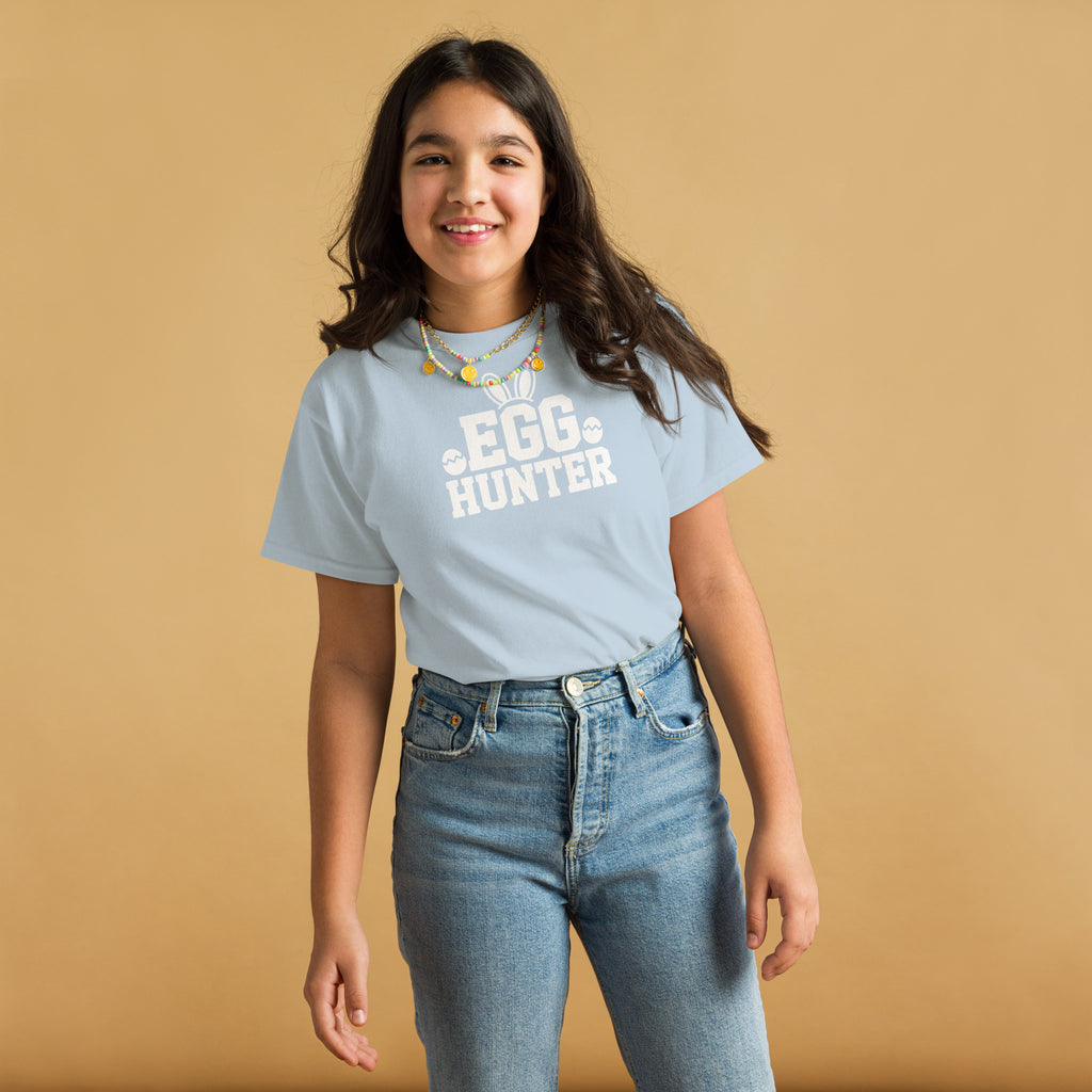 Back/detail view of Egg Hunter Design (Bunny + Eggs) Youth classic tee graphic T-shirt