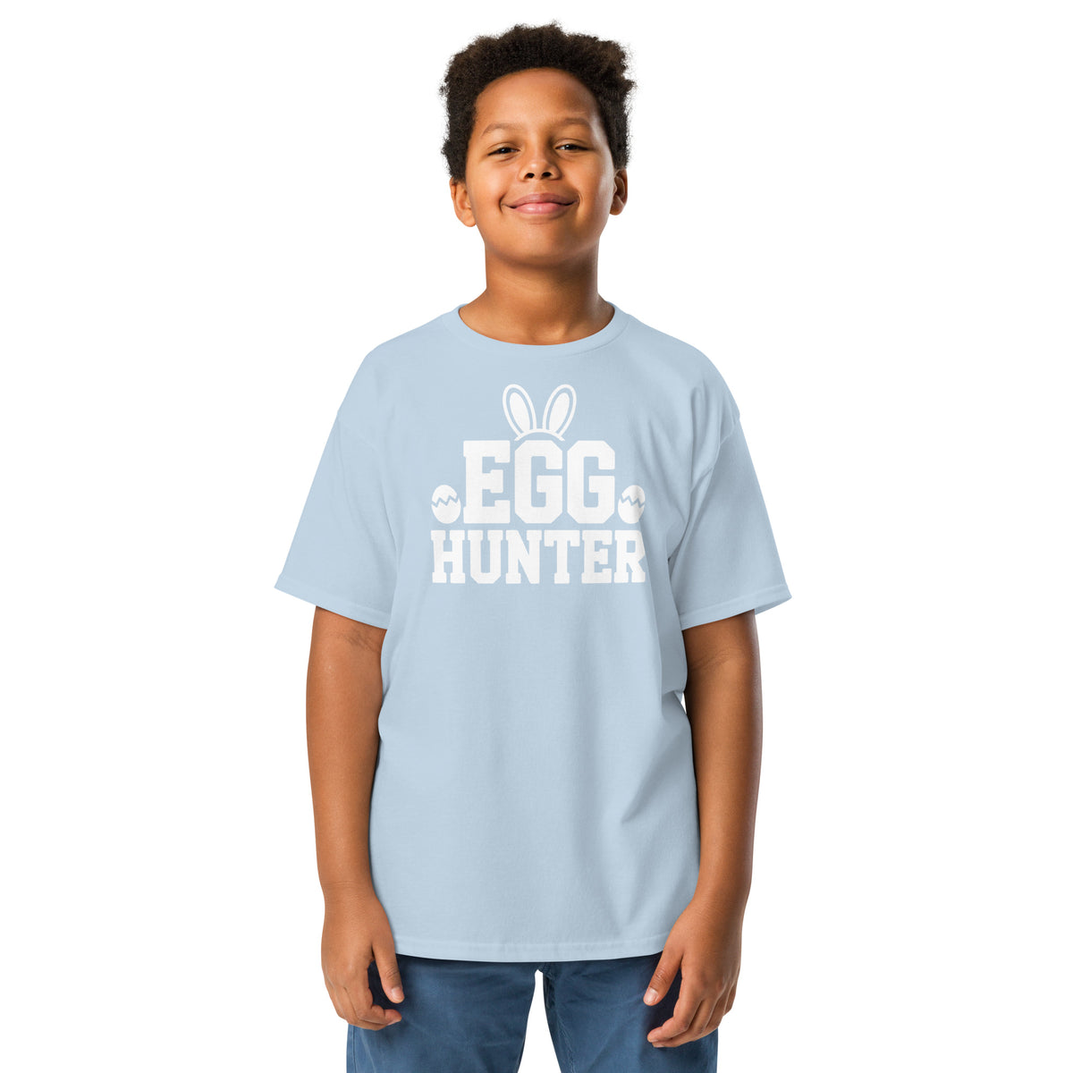 Back/detail view of Egg Hunter Design (Bunny + Eggs) Youth classic tee graphic T-shirt