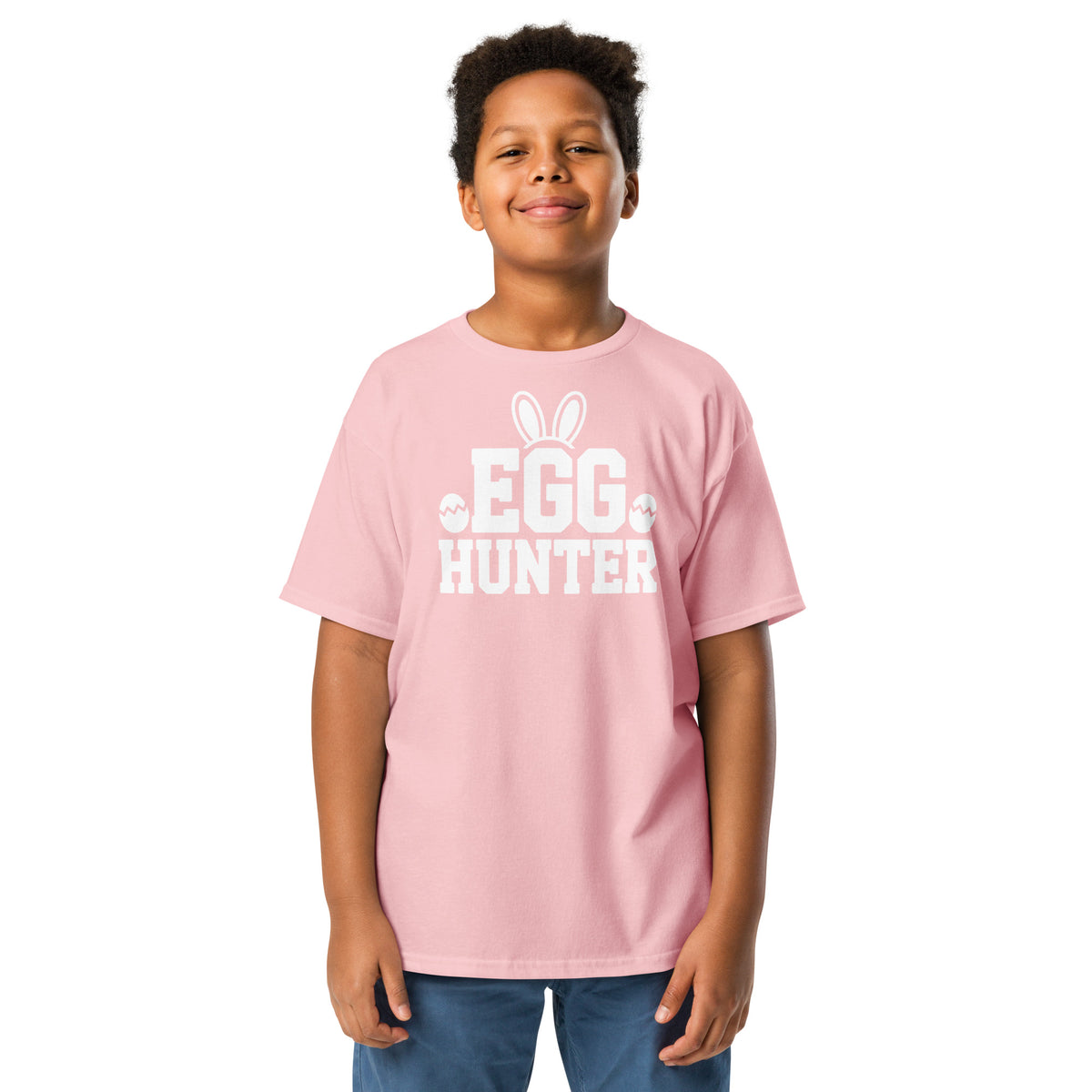 Back/detail view of Egg Hunter Design (Bunny + Eggs) Youth classic tee graphic T-shirt