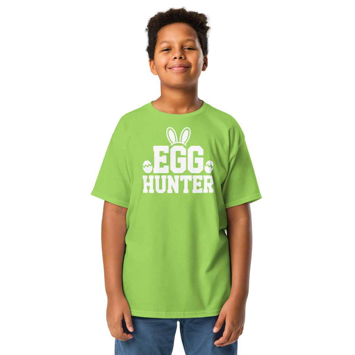 Back/detail view of Egg Hunter Design (Bunny + Eggs) Youth classic tee graphic T-shirt