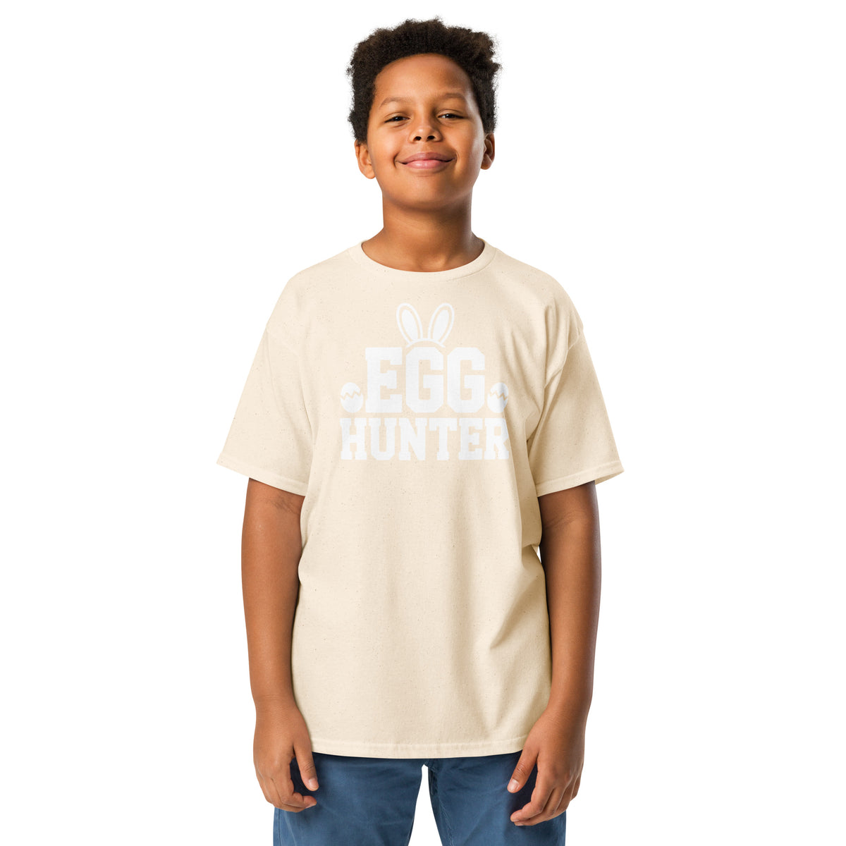 Back/detail view of Egg Hunter Design (Bunny + Eggs) Youth classic tee graphic T-shirt