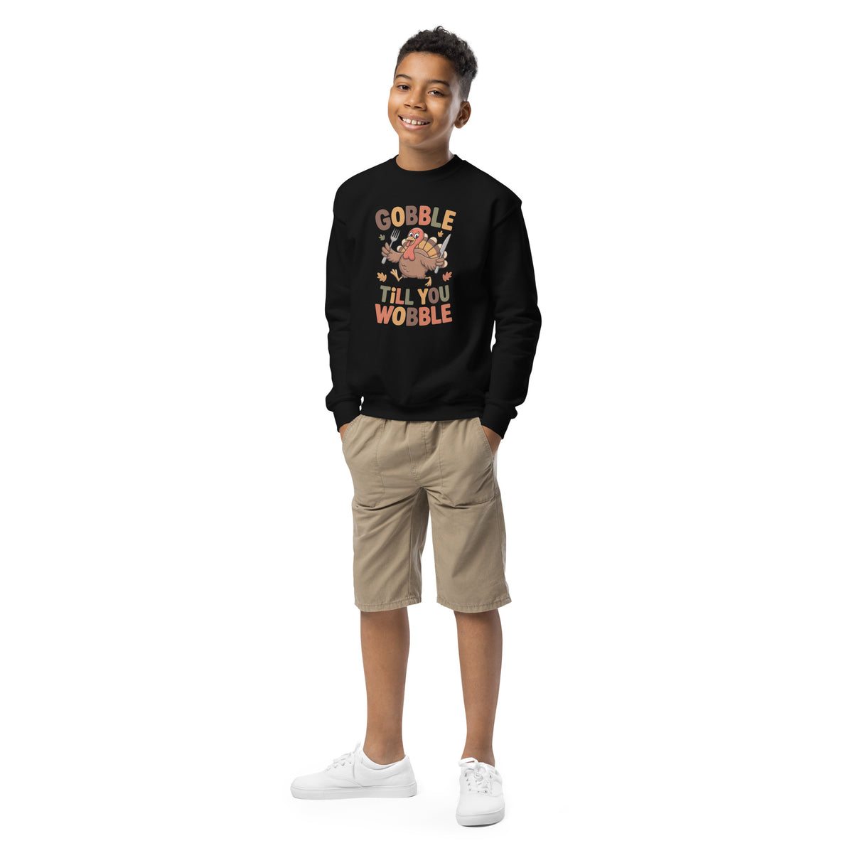 Back/detail view of Gobble Till You Wobble – Youth Crewneck Sweatshirt graphic sweatshirt