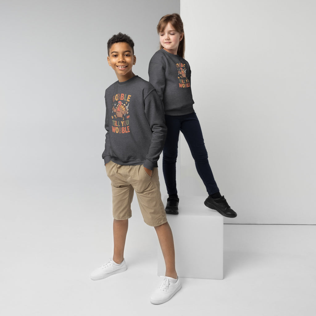 Back/detail view of Gobble Till You Wobble – Youth Crewneck Sweatshirt graphic sweatshirt