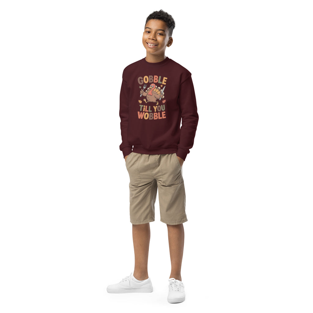 Back/detail view of Gobble Till You Wobble – Youth Crewneck Sweatshirt graphic sweatshirt