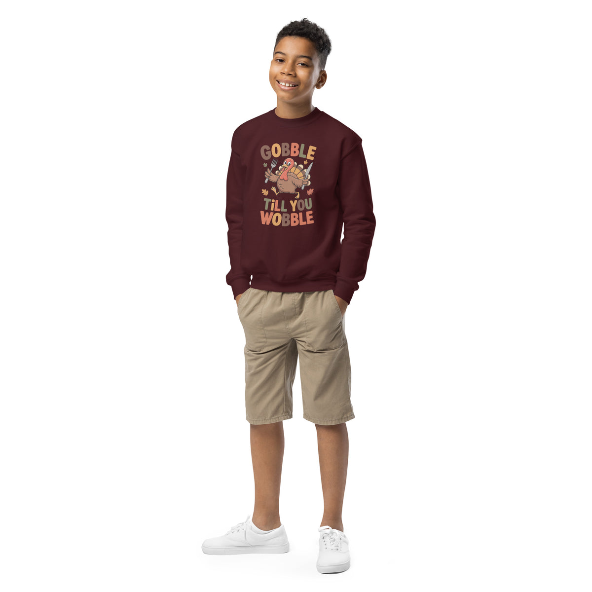 Back/detail view of Gobble Till You Wobble – Youth Crewneck Sweatshirt graphic sweatshirt