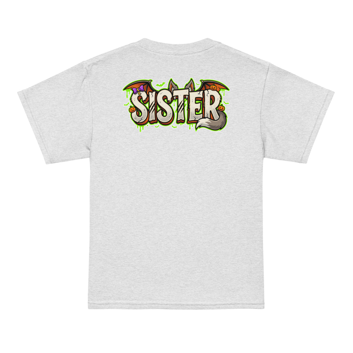 Haunted House Staff Sister “Horror Show Coordinator” Youth T-Shirt with Horror Show Coordinator front design and matching SISTER back graphic for Halloween family outfits