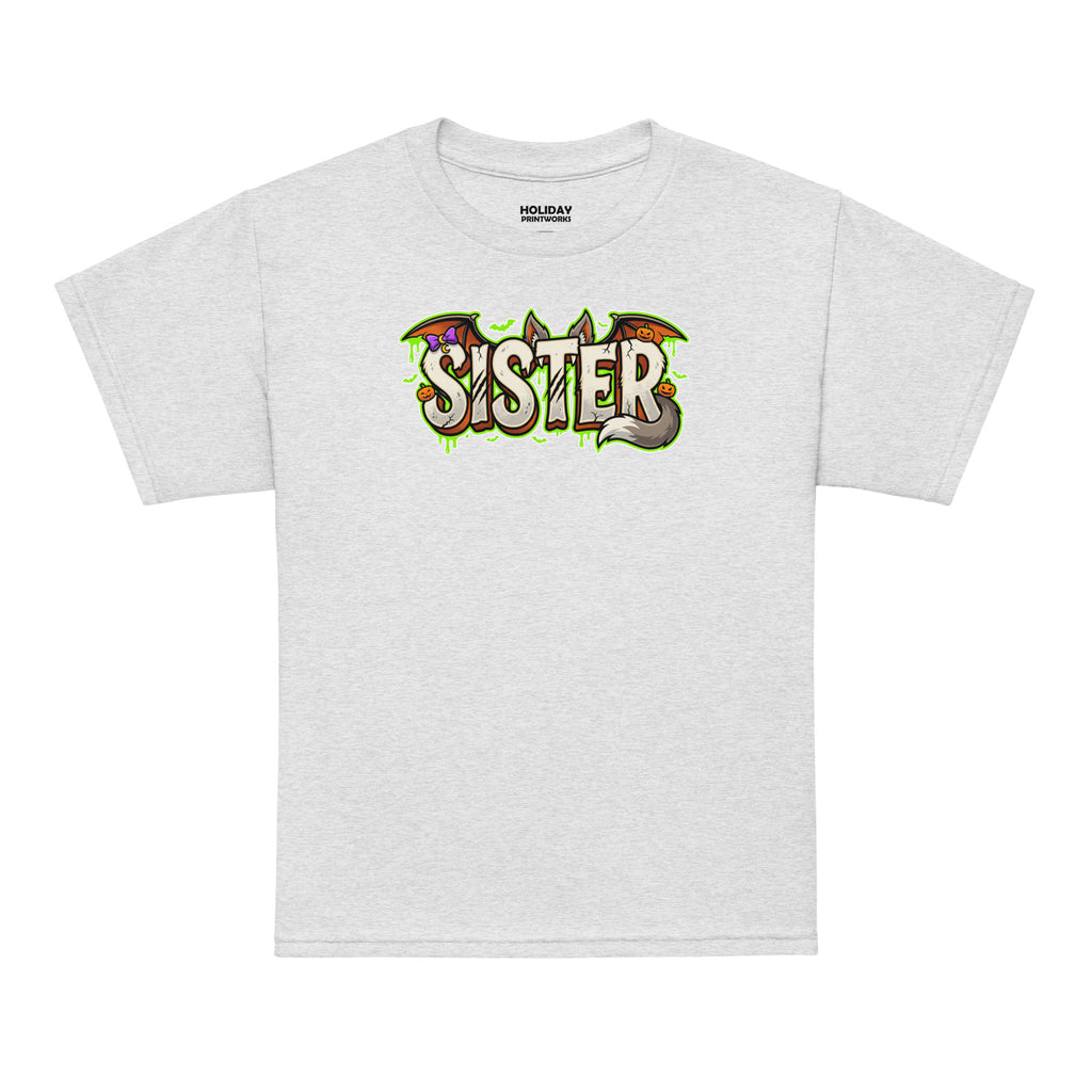 SISTER Halloween monster name Youth T-Shirt in Black with spooky front lettering and blank back