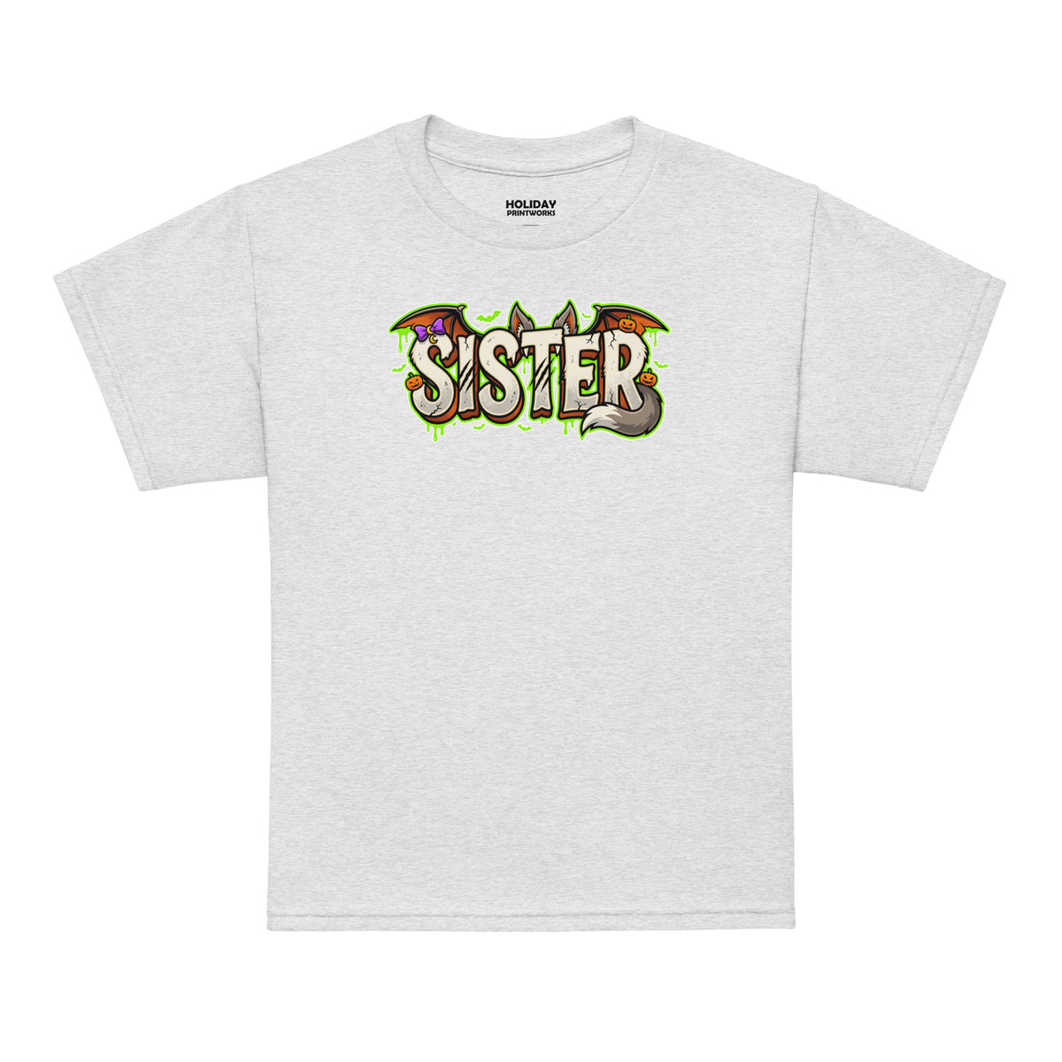 SISTER Halloween monster name Youth T-Shirt in Black with spooky front lettering and blank back