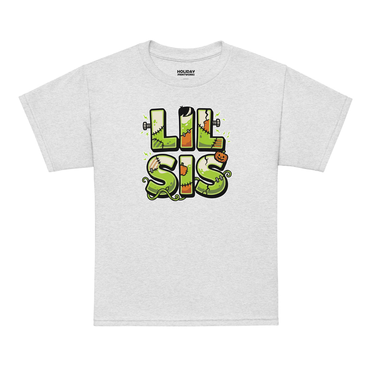 LIL SIS Halloween monster name Youth T-Shirt in Black with spooky front lettering and blank back