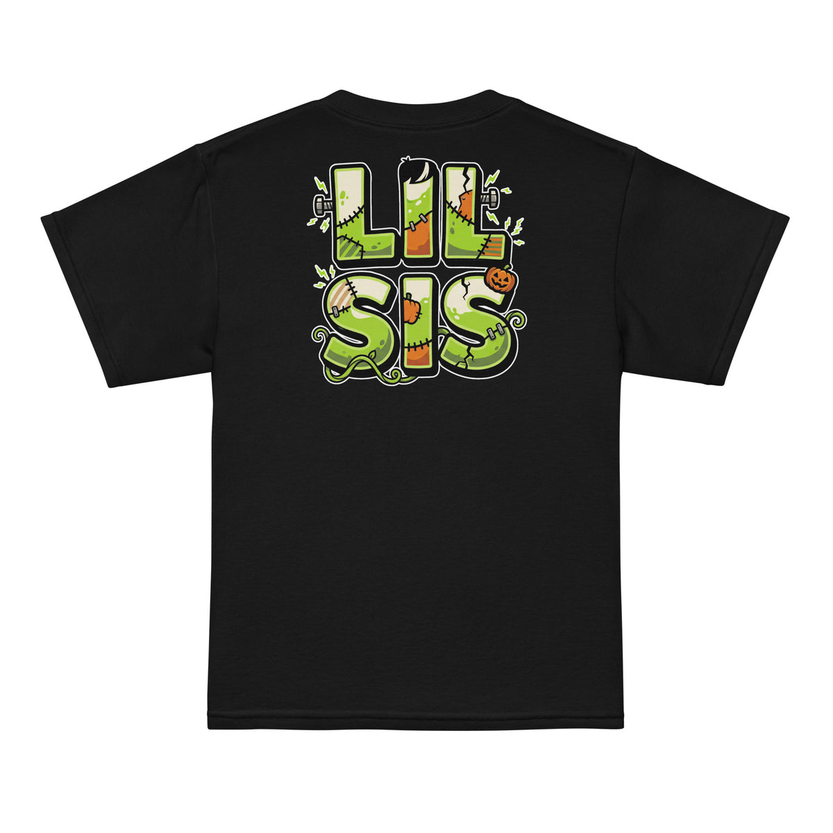 Haunted House Staff Lil Sis “Pumpkin Patch Patrol” Youth T-Shirt with Pumpkin Patch Patrol front design and matching LIL SIS back graphic for Halloween family outfits