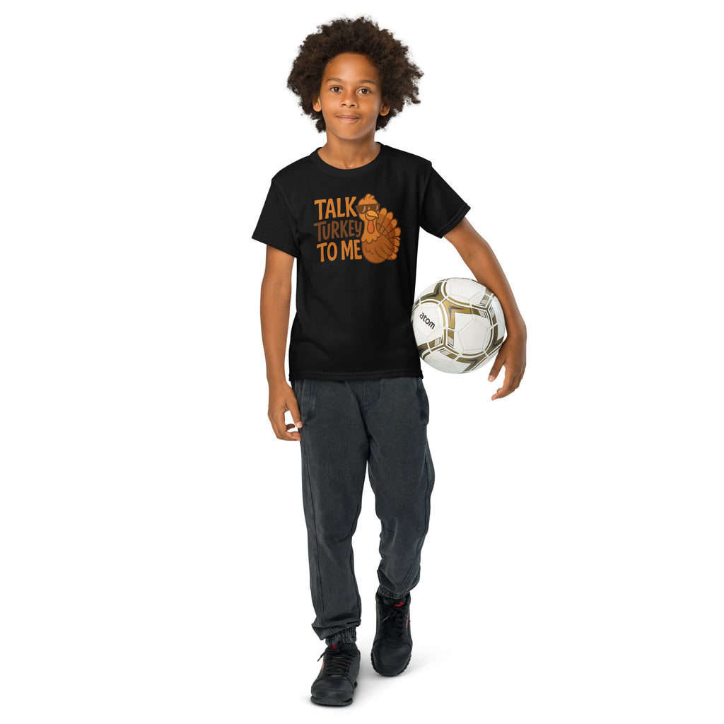 Back/detail view of Talk Turkey to Me – Kids Thanksgiving Sports T-Shirt graphic T-shirt