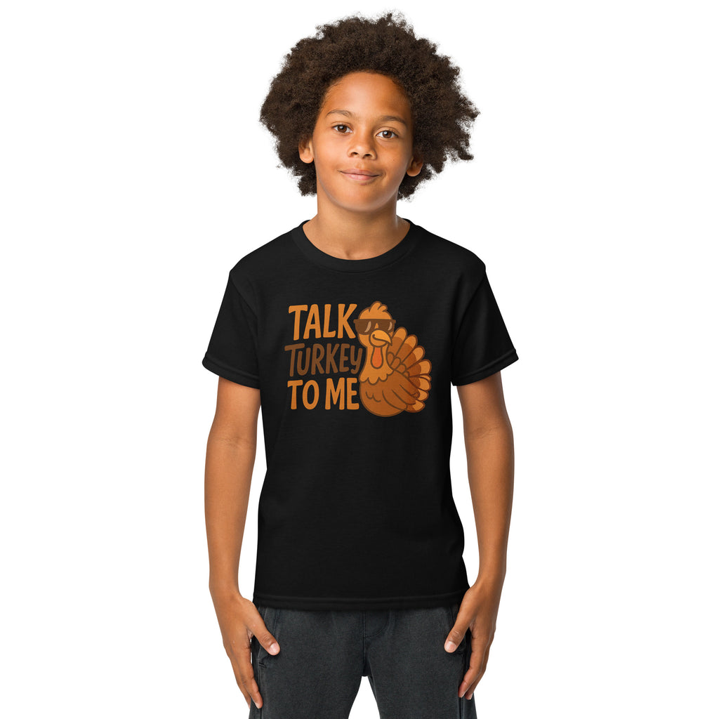 Back/detail view of Talk Turkey to Me – Kids Thanksgiving Sports T-Shirt graphic T-shirt