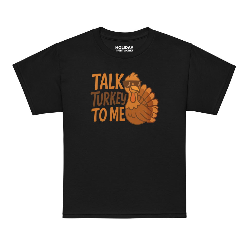 Back/detail view of Talk Turkey to Me – Kids Thanksgiving Sports T-Shirt graphic T-shirt