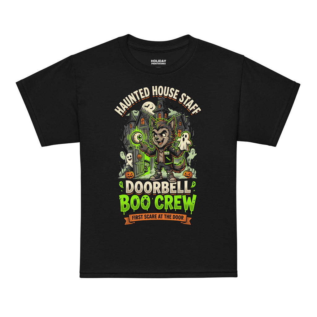 Haunted House Staff Lil Bro “Doorbell Boo Crew” Youth T-Shirt with Doorbell Boo Crew front design and matching LIL BRO back graphic for Halloween family outfits