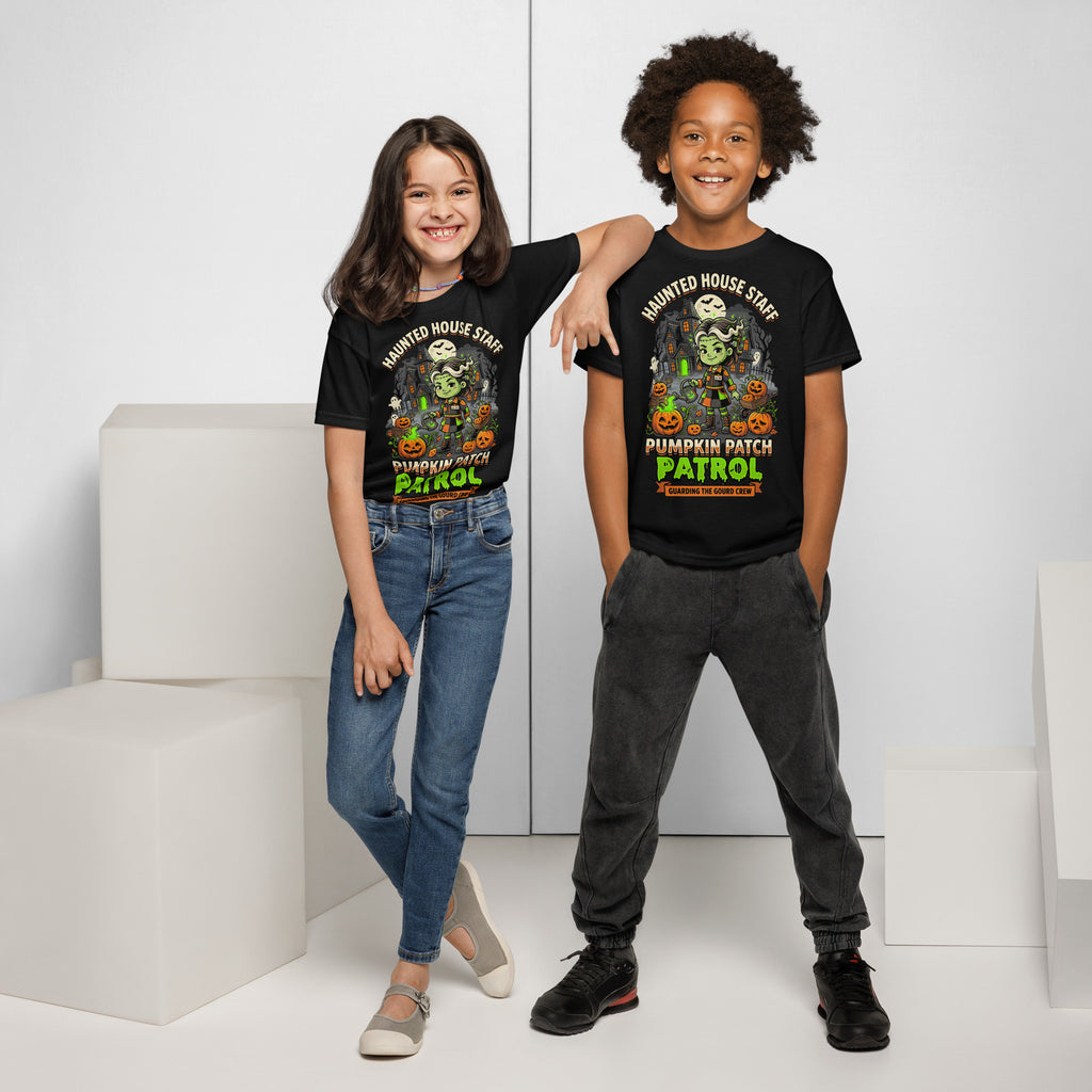 Haunted House Staff Lil Sis “Pumpkin Patch Patrol” Youth T-Shirt with Pumpkin Patch Patrol front design and matching LIL SIS back graphic for Halloween family outfits