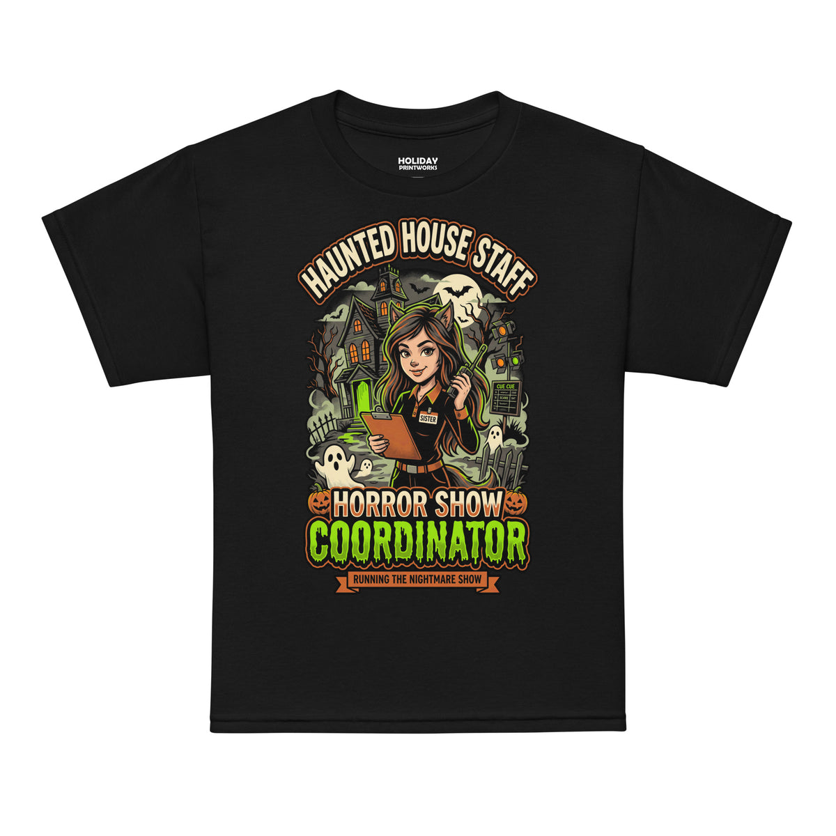 Haunted House Staff Sister “Horror Show Coordinator” Youth T-Shirt with Horror Show Coordinator front design and matching SISTER back graphic for Halloween family outfits