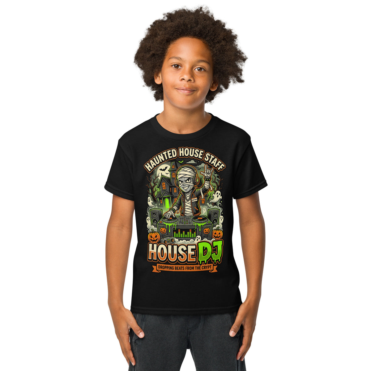 Haunted House Staff Brother “House DJ” Grey Youth T-Shirt with House DJ front design and matching BROTHER back graphic for Halloween family outfits