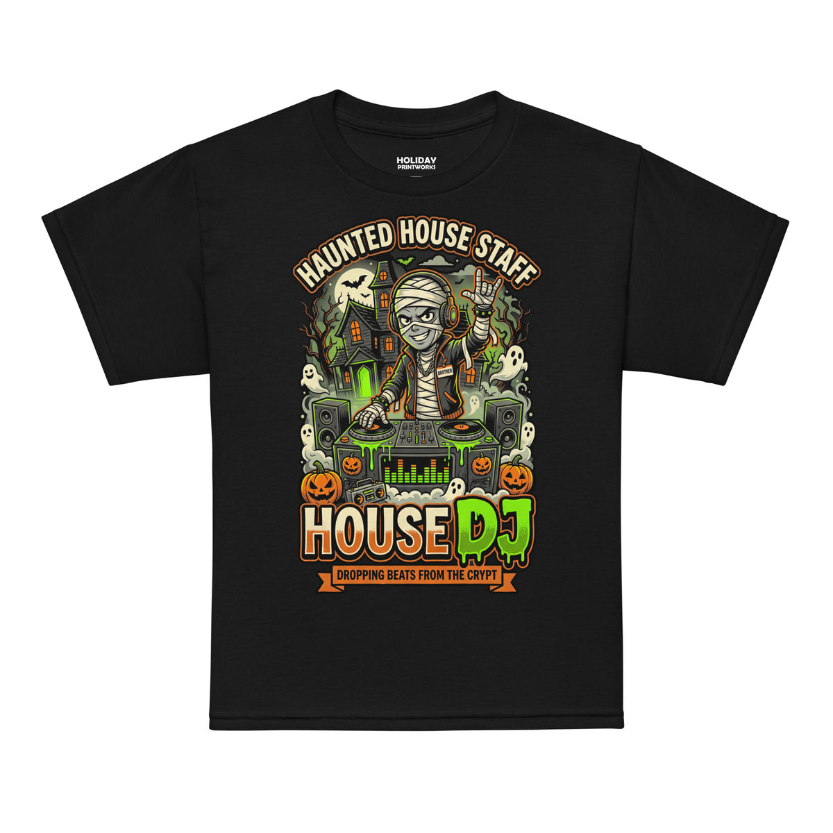 Haunted House Staff Brother “House DJ” Grey Youth T-Shirt with House DJ front design and matching BROTHER back graphic for Halloween family outfits