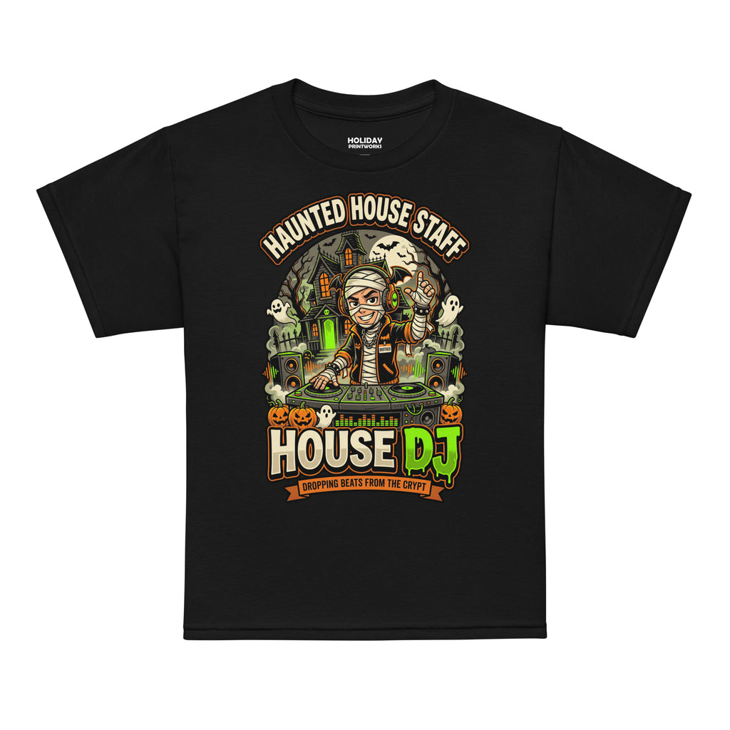 Haunted House Staff Brother “House DJ” Youth T-Shirt with House DJ front design and matching BROTHER back graphic for Halloween family outfits