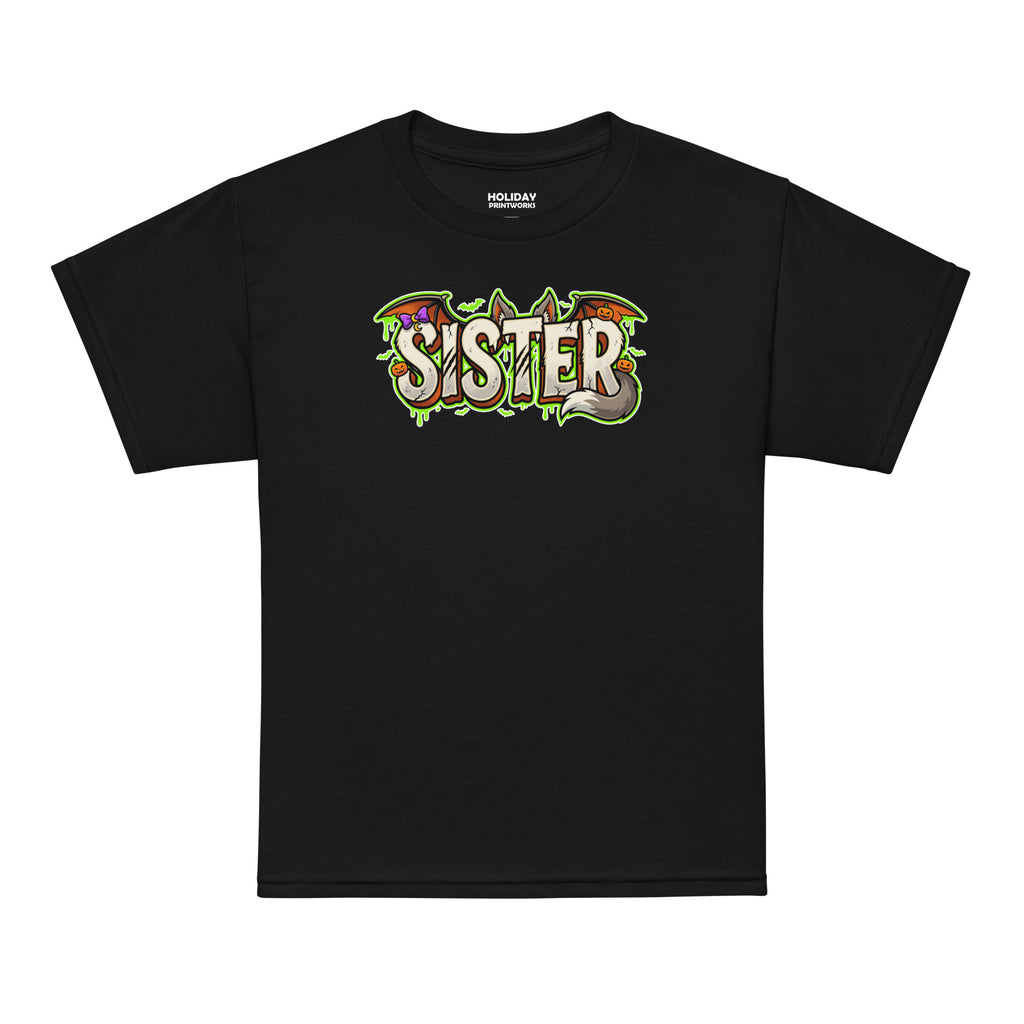 SISTER Halloween monster name Youth T-Shirt in Black with spooky front lettering and blank back