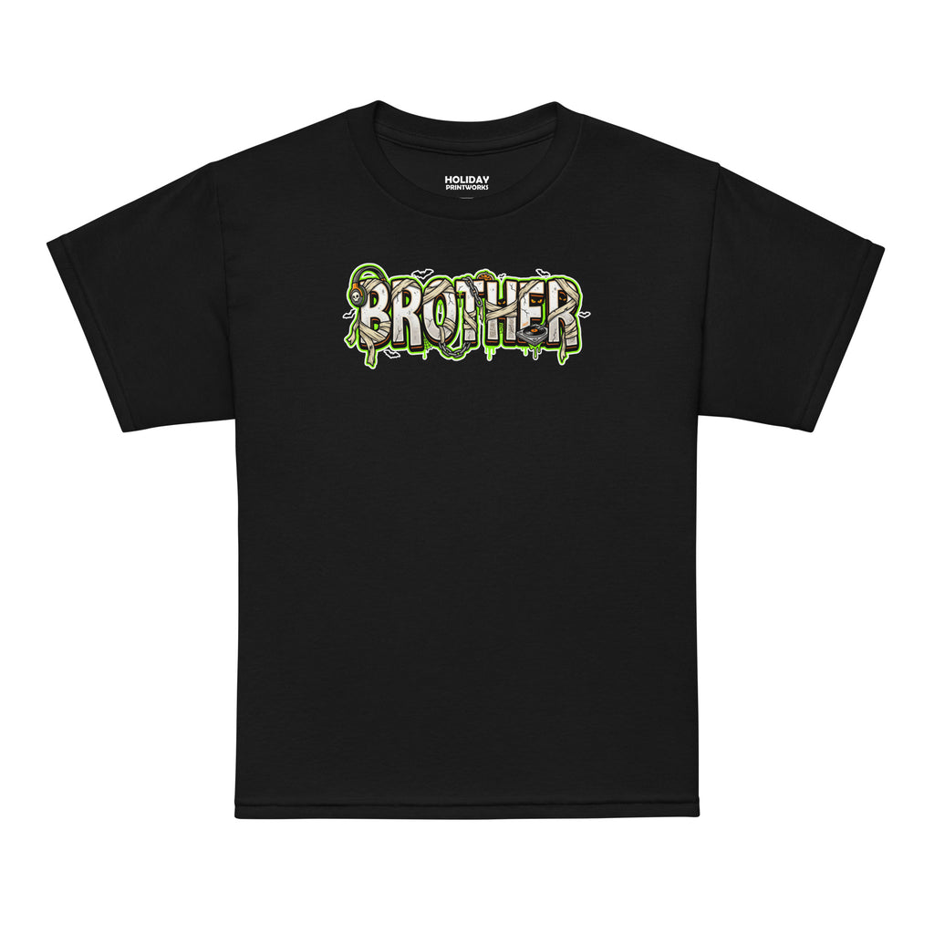 BROTHER Halloween monster name Youth T-Shirt in Black with spooky front lettering and blank back