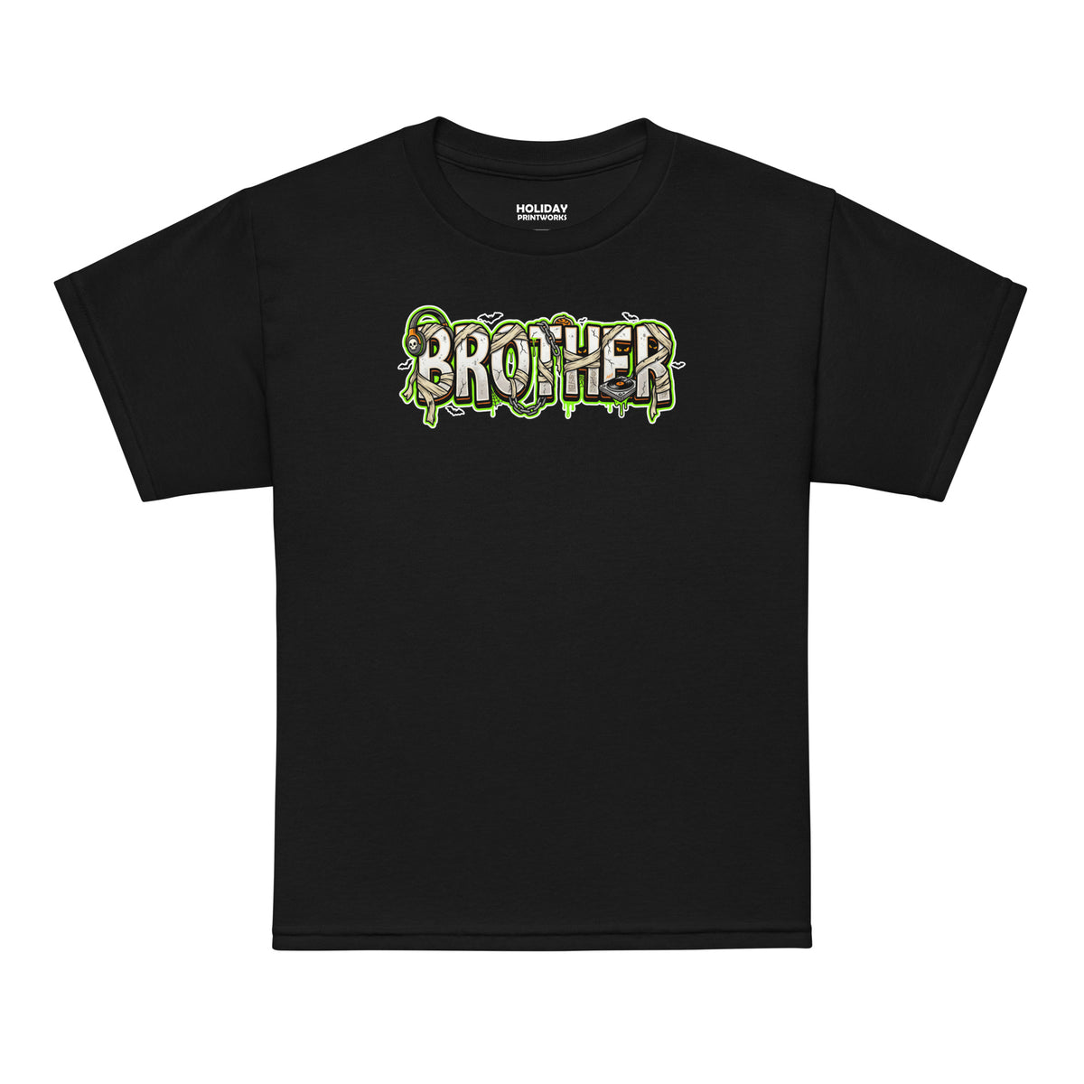 BROTHER Halloween monster name Youth T-Shirt in Black with spooky front lettering and blank back