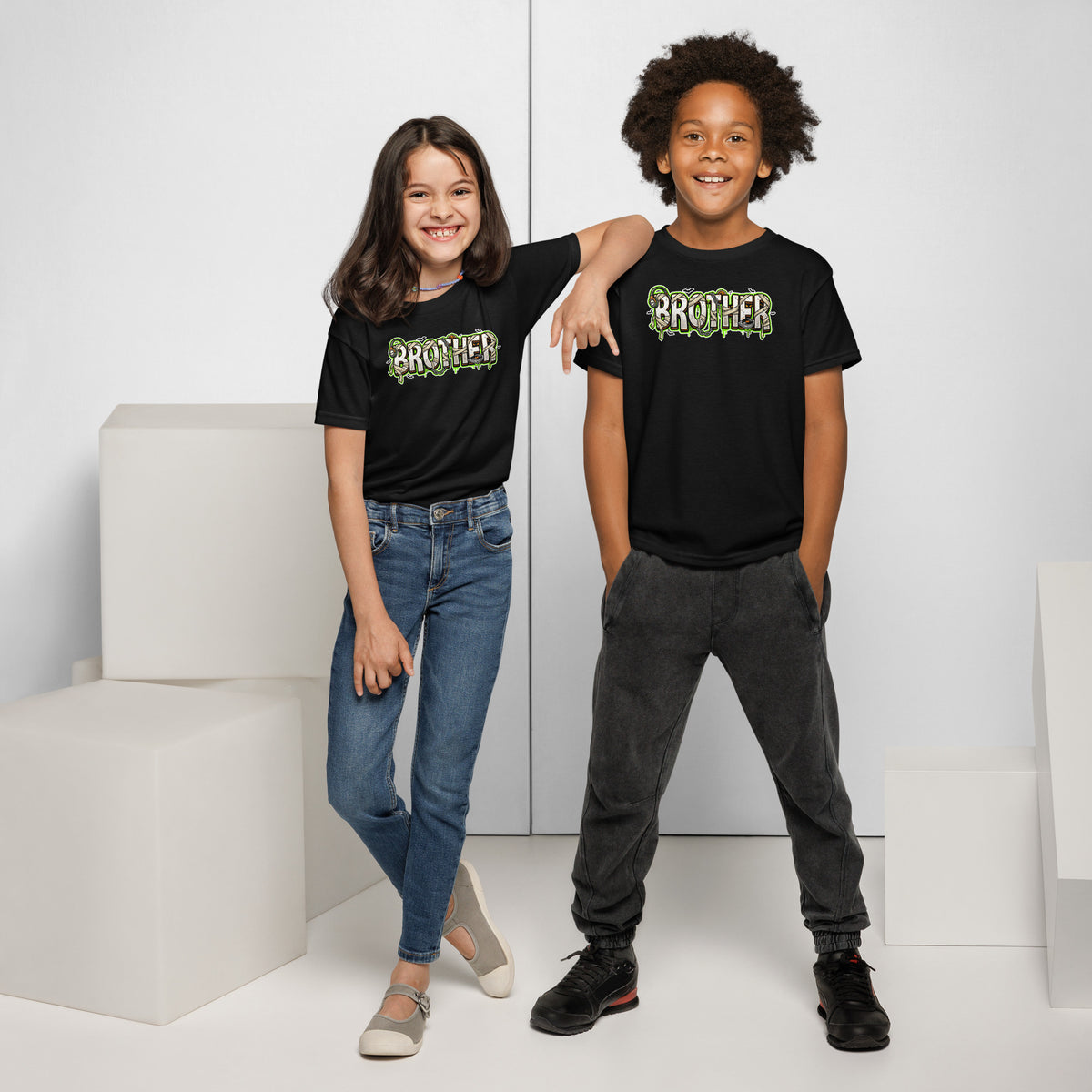 BROTHER Halloween monster name Youth T-Shirt in Gold with spooky front lettering and blank back