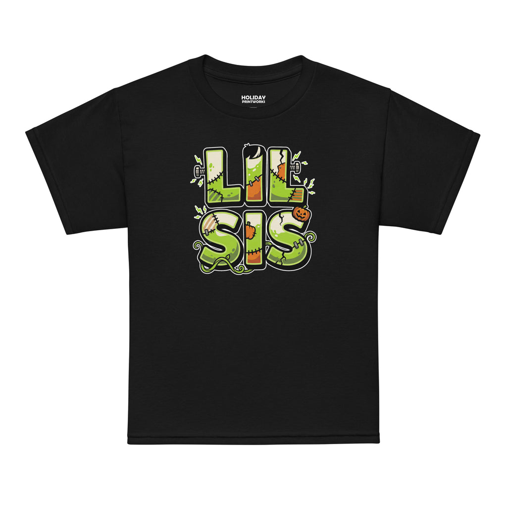 LIL SIS Halloween monster name Youth T-Shirt in Black with spooky front lettering and blank back