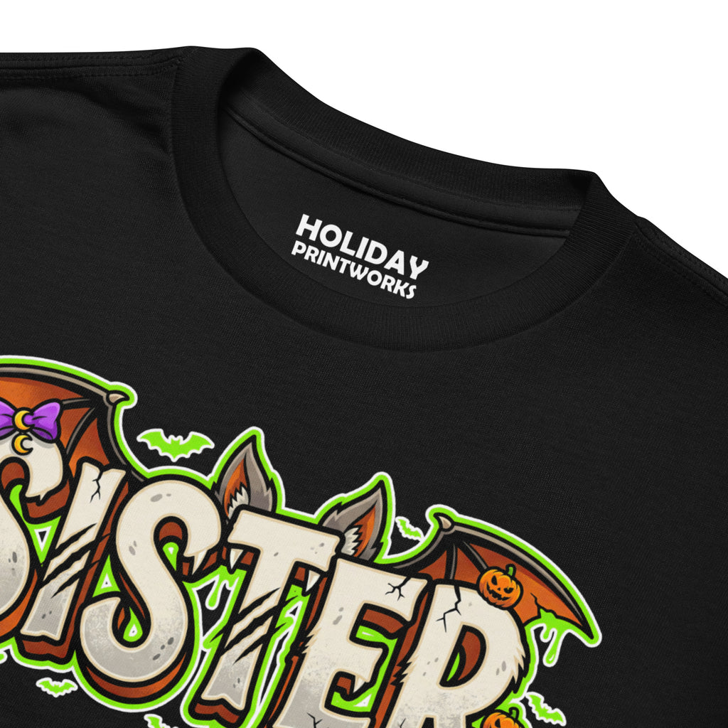 SISTER Halloween monster name Youth T-Shirt in Gold with spooky front lettering and blank back