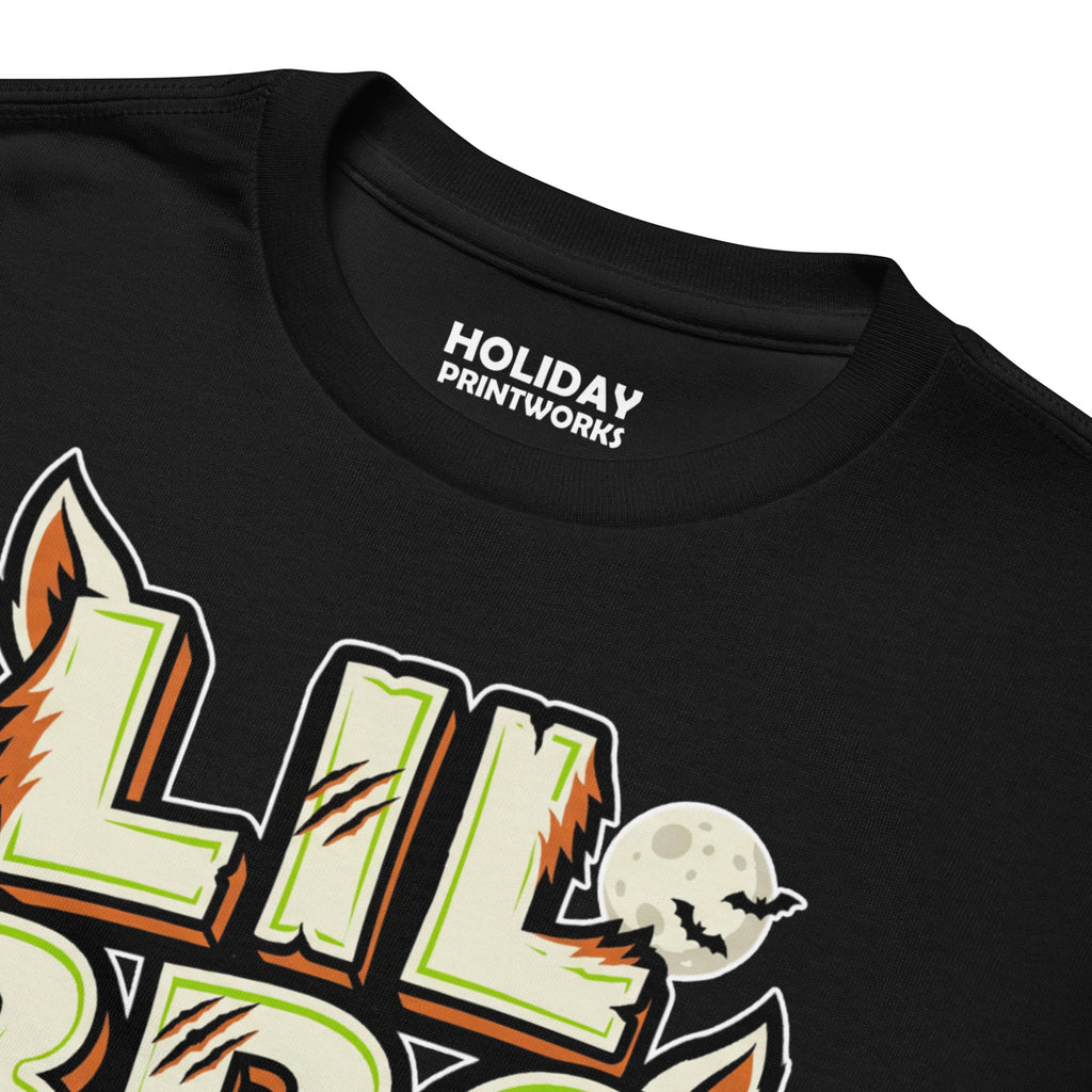 LIL BRO Halloween monster name Youth T-Shirt in Gold with spooky front lettering and blank back