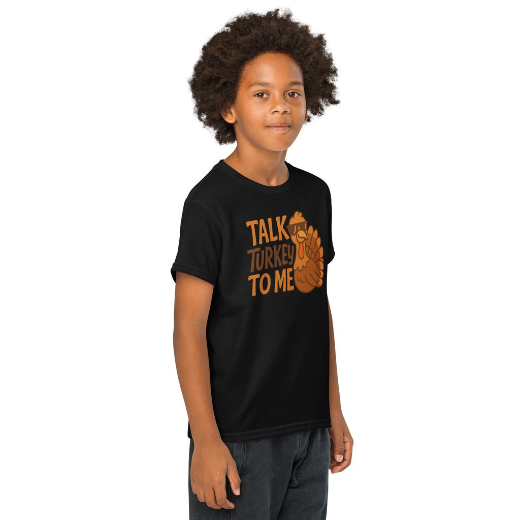 Back/detail view of Talk Turkey to Me – Kids Thanksgiving Sports T-Shirt graphic T-shirt