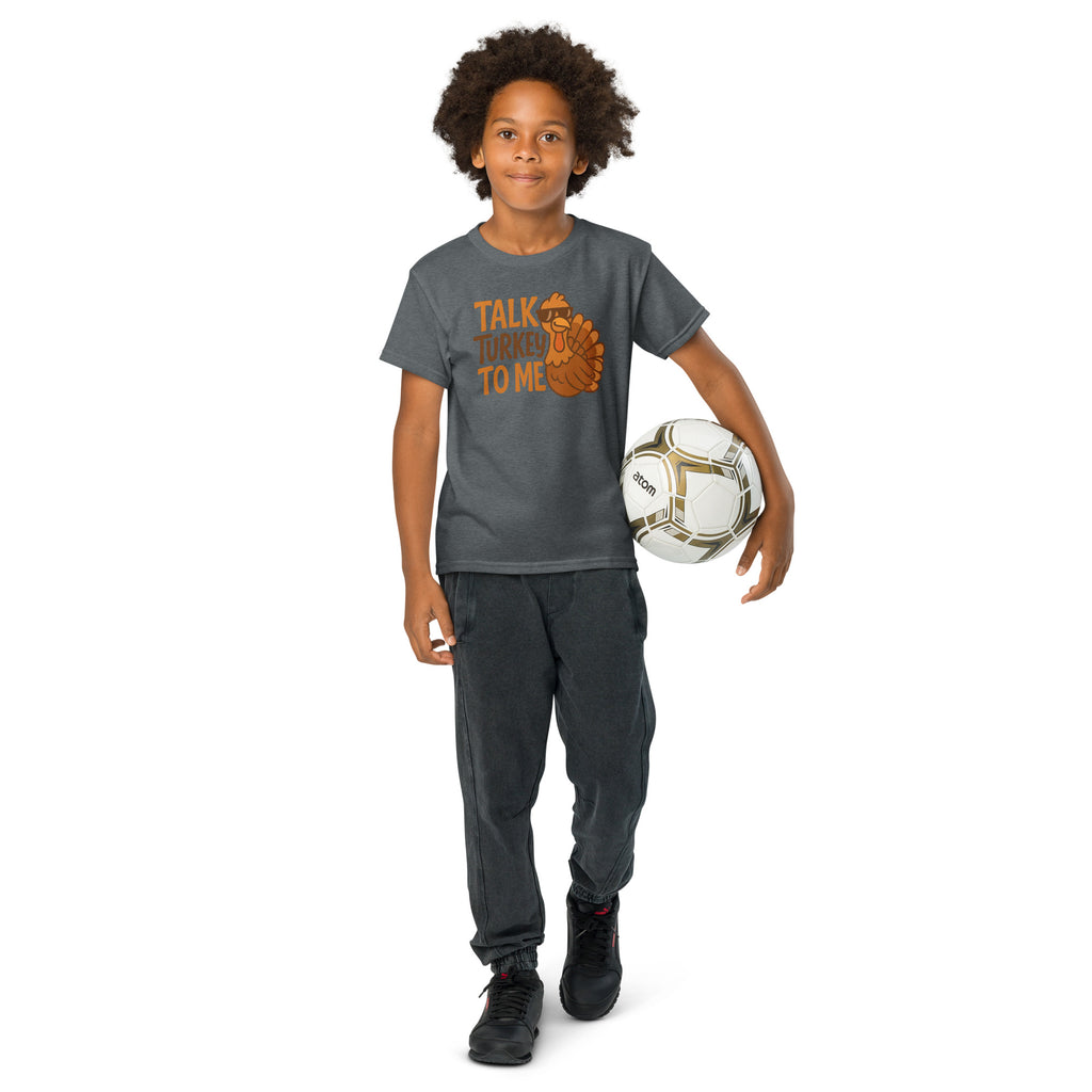 Back/detail view of Talk Turkey to Me – Kids Thanksgiving Sports T-Shirt graphic T-shirt