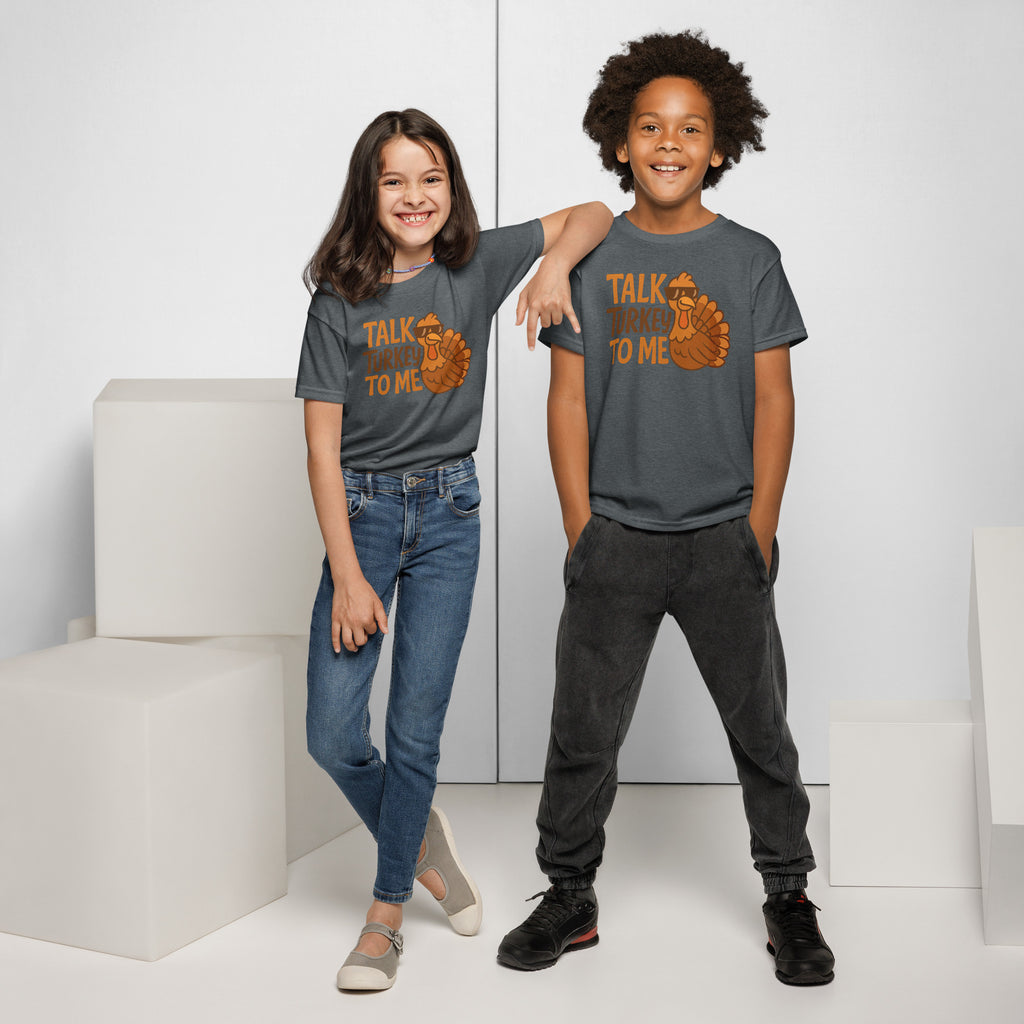 Back/detail view of Talk Turkey to Me – Kids Thanksgiving Sports T-Shirt graphic T-shirt