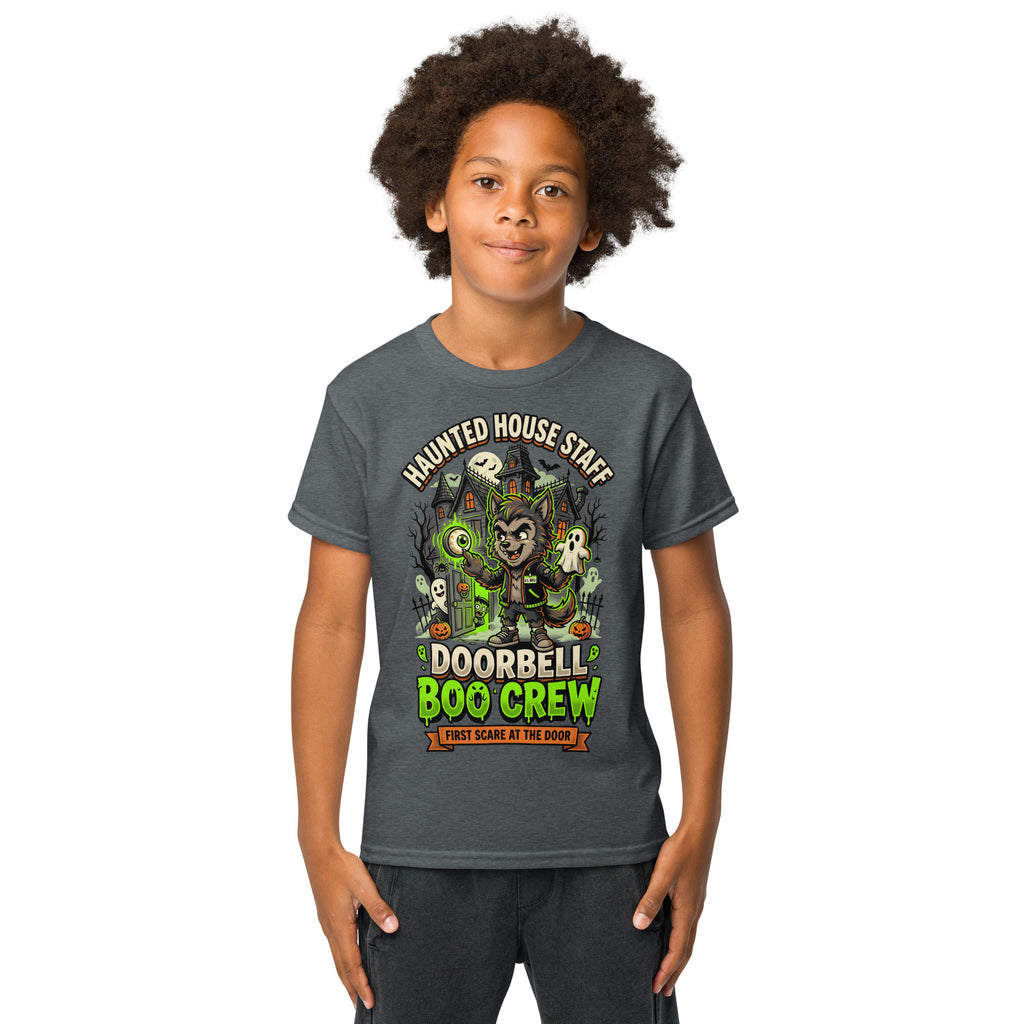 Haunted House Staff Lil Bro “Doorbell Boo Crew” Youth T-Shirt with Doorbell Boo Crew front design and matching LIL BRO back graphic for Halloween family outfits