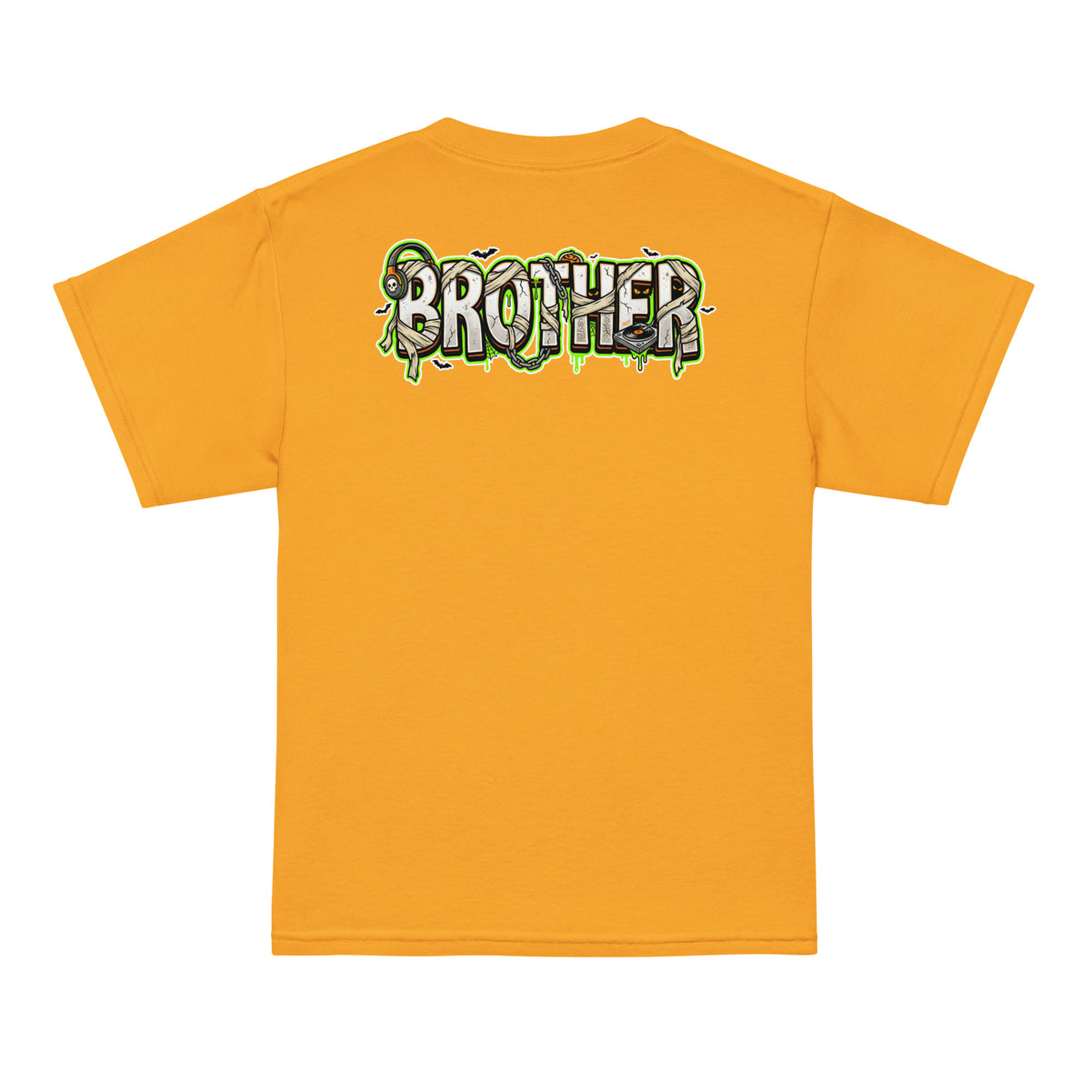 Haunted House Staff Brother “House DJ” Grey Youth T-Shirt with House DJ front design and matching BROTHER back graphic for Halloween family outfits