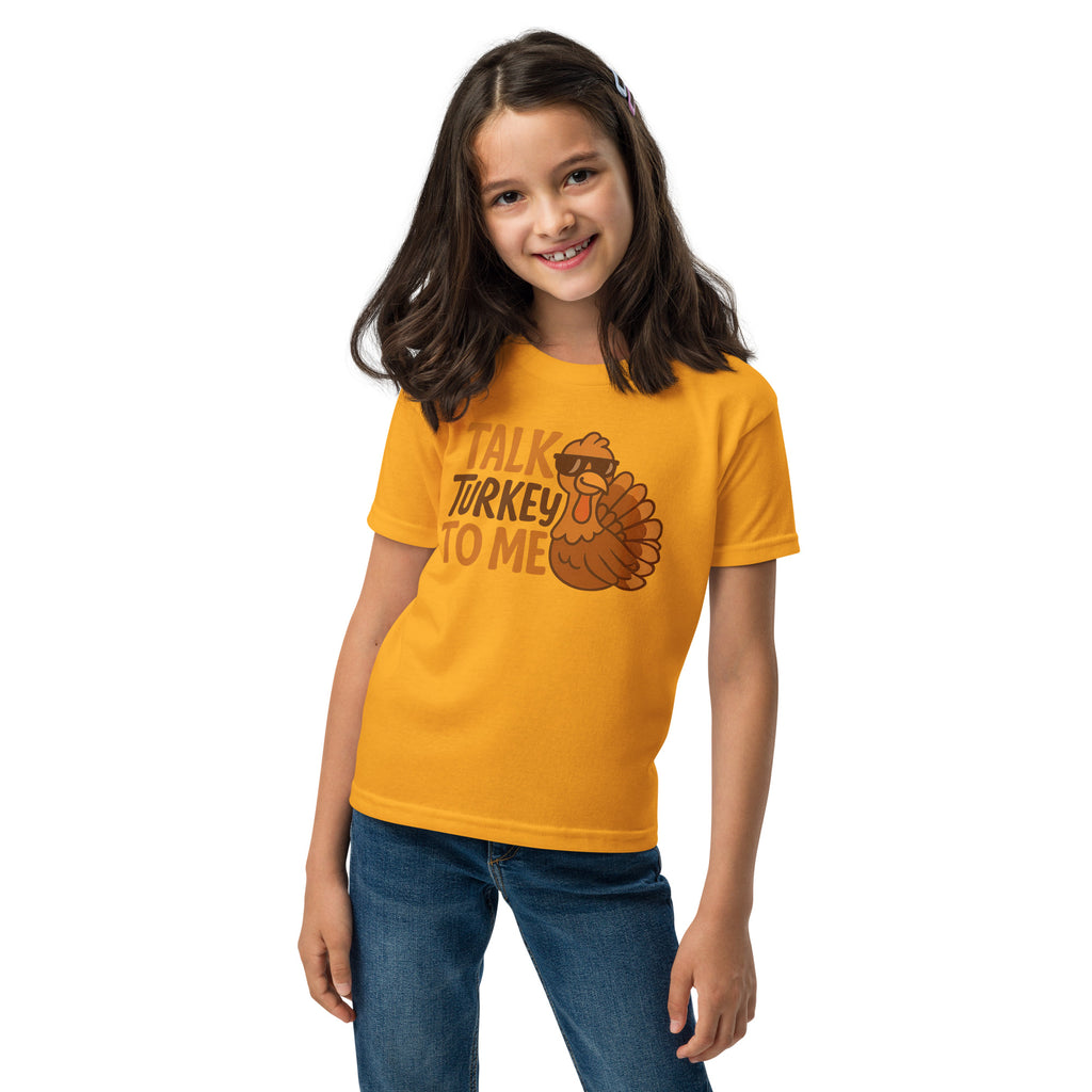 Back/detail view of Talk Turkey to Me – Kids Thanksgiving Sports T-Shirt graphic T-shirt