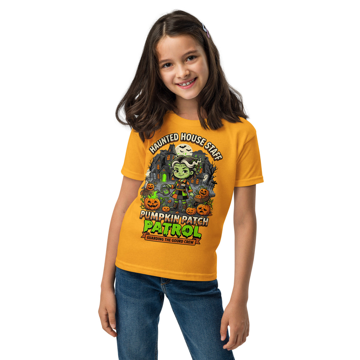 Haunted House Staff Lil Sis “Pumpkin Patch Patrol” Youth T-Shirt with Pumpkin Patch Patrol front design and matching LIL SIS back graphic for Halloween family outfits