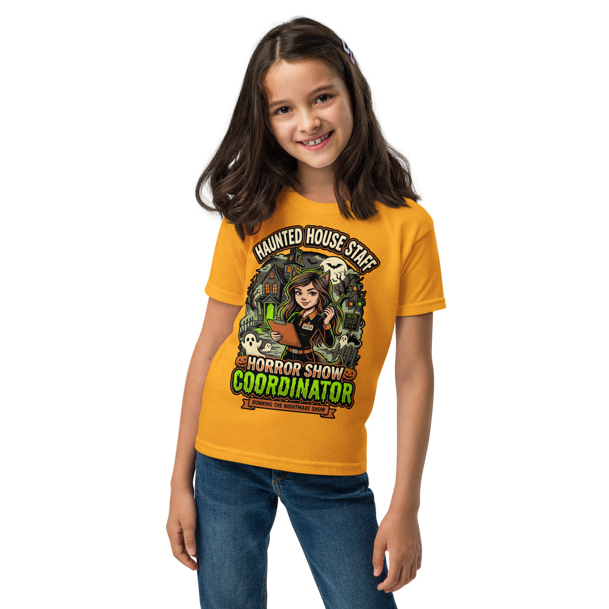 Haunted House Staff Sister “Horror Show Coordinator” Youth T-Shirt with Horror Show Coordinator front design and matching SISTER back graphic for Halloween family outfits