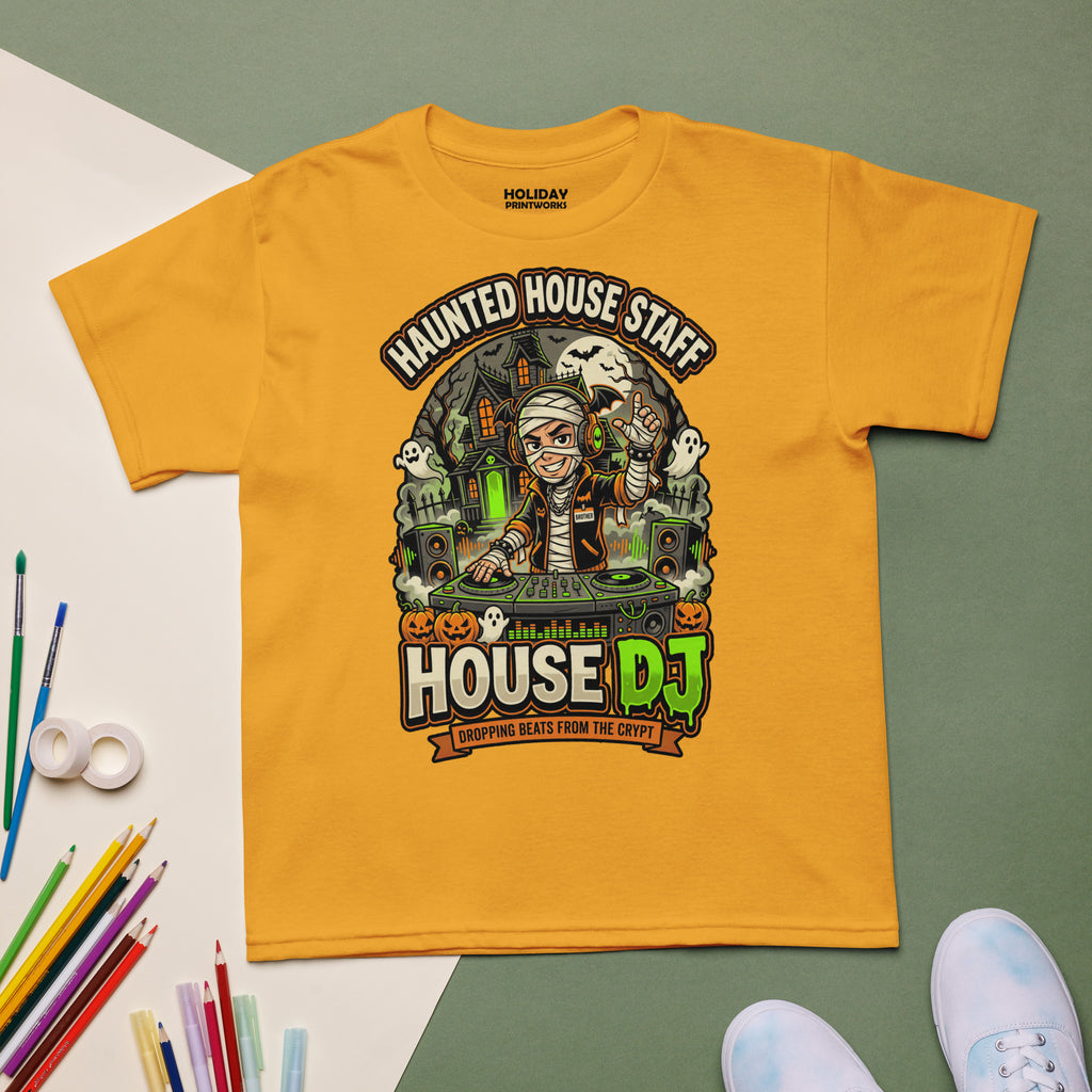 Haunted House Staff Brother “House DJ” Youth T-Shirt with House DJ front design and matching BROTHER back graphic for Halloween family outfits