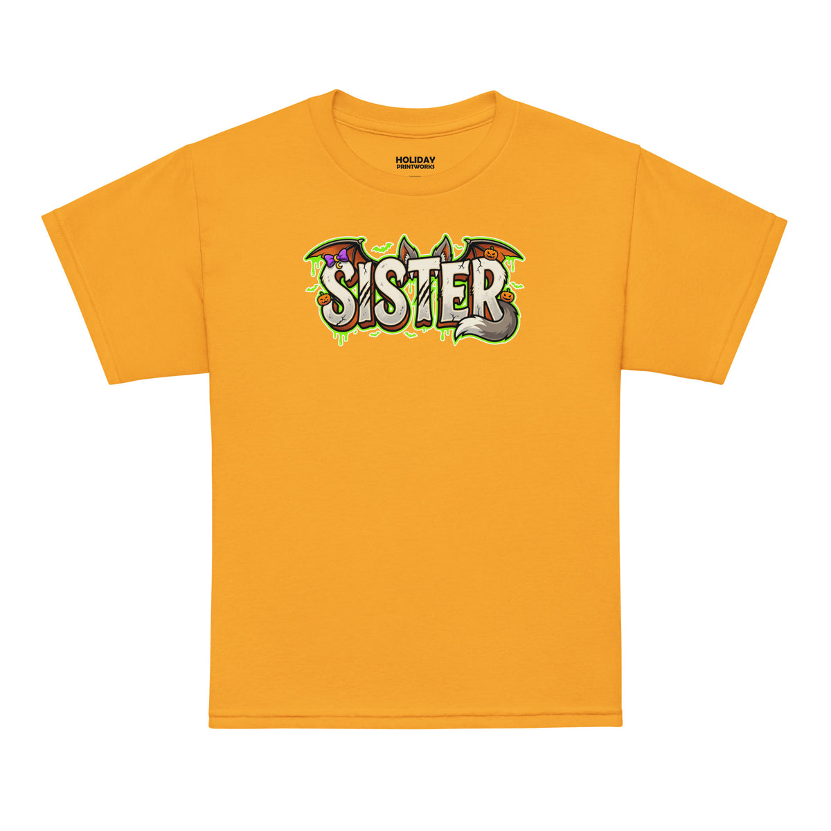 SISTER Halloween monster name Youth T-Shirt in Black with spooky front lettering and blank back