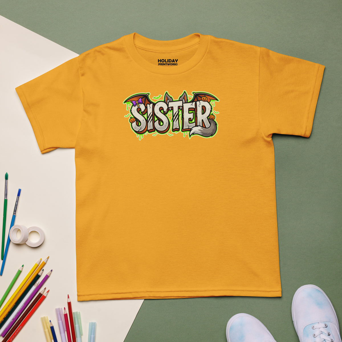 SISTER Halloween monster name Youth T-Shirt in Gold with spooky front lettering and blank back