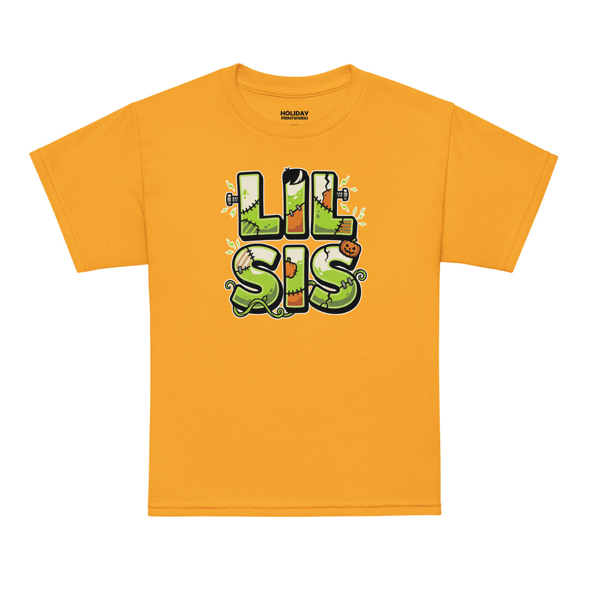 LIL SIS Halloween monster name Youth T-Shirt in Black with spooky front lettering and blank back