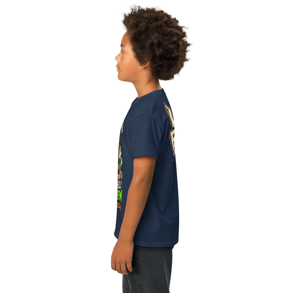 Haunted House Staff Lil Bro “Doorbell Boo Crew” Youth T-Shirt with Doorbell Boo Crew front design and matching LIL BRO back graphic for Halloween family outfits
