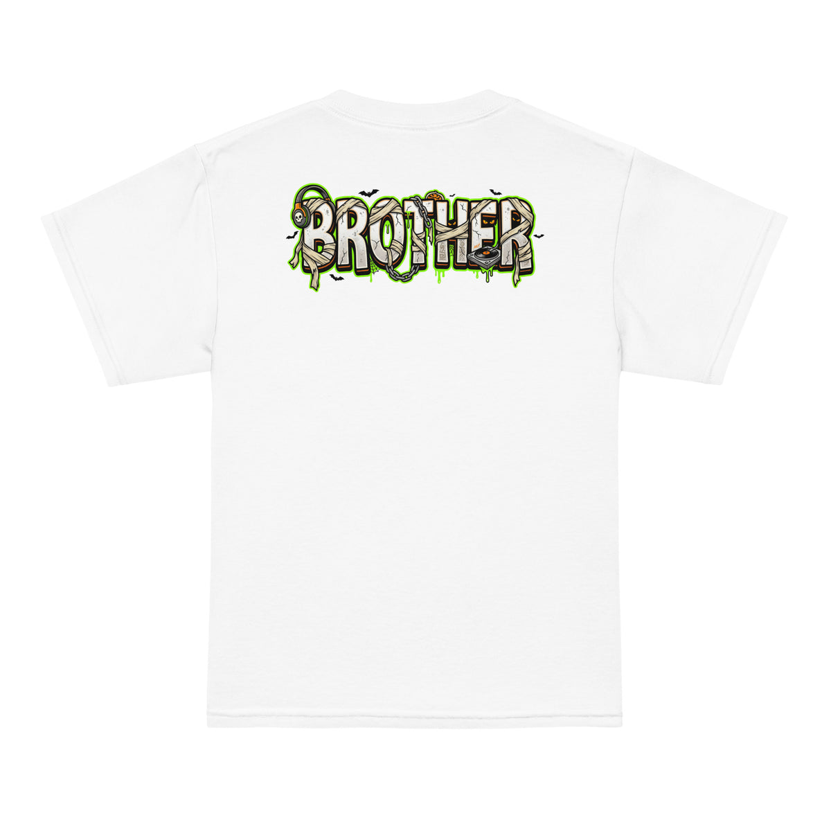 Haunted House Staff Brother “House DJ” Youth T-Shirt with House DJ front design and matching BROTHER back graphic for Halloween family outfits