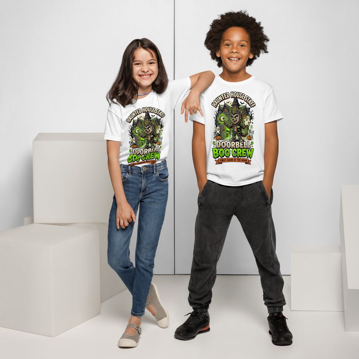 Haunted House Staff Lil Bro “Doorbell Boo Crew” Youth T-Shirt with Doorbell Boo Crew front design and matching LIL BRO back graphic for Halloween family outfits