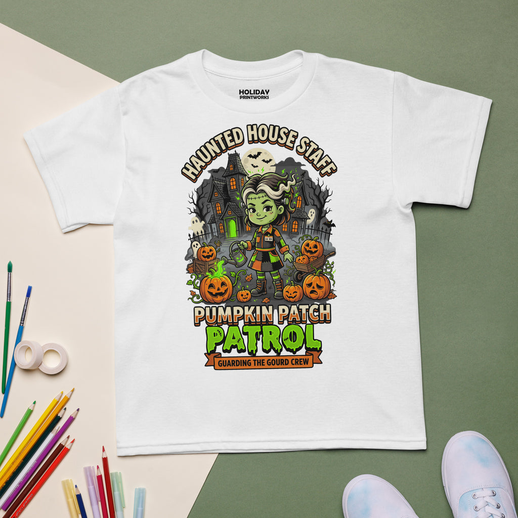 Haunted House Staff Lil Sis “Pumpkin Patch Patrol” Youth T-Shirt with Pumpkin Patch Patrol front design and matching LIL SIS back graphic for Halloween family outfits