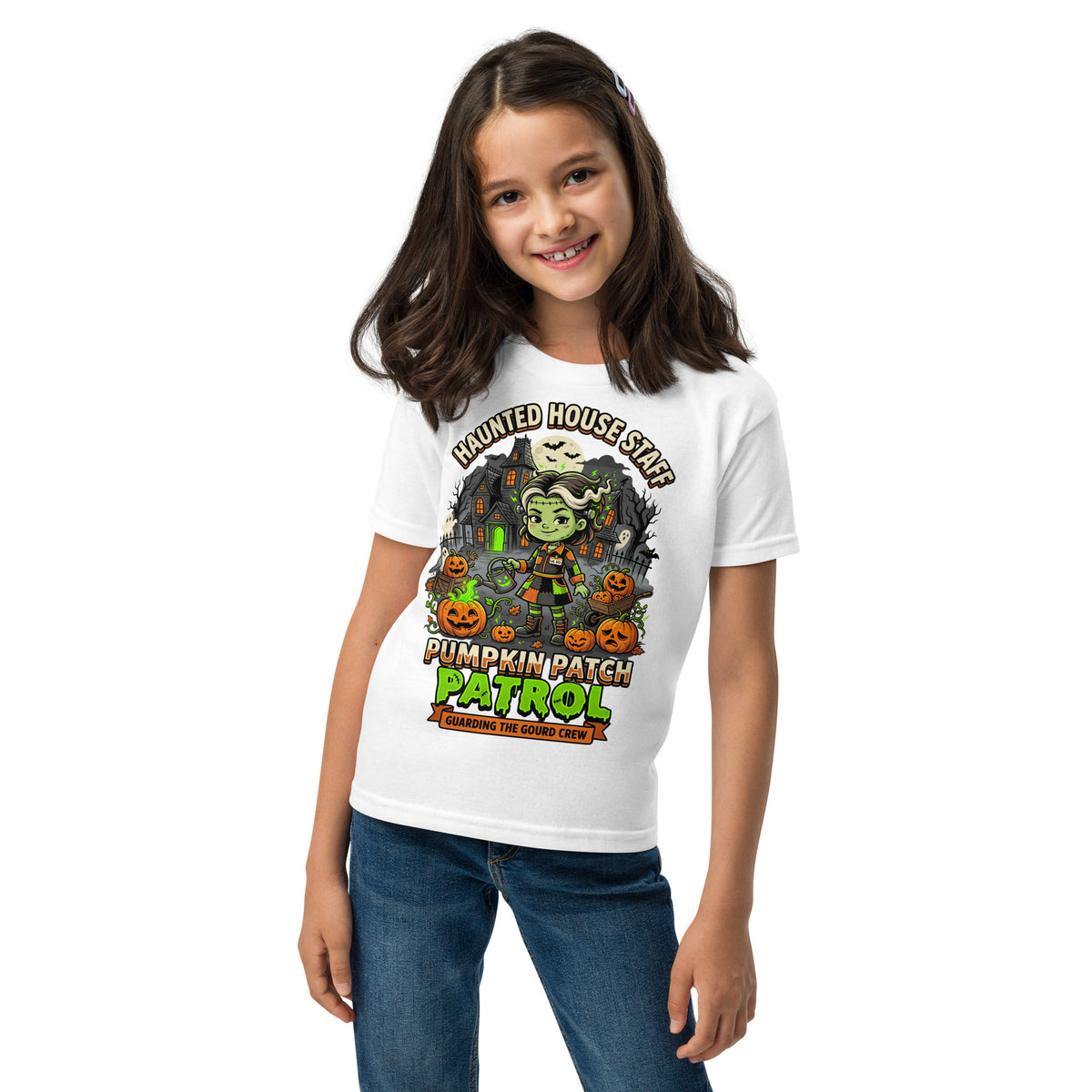 Haunted House Staff Lil Sis “Pumpkin Patch Patrol” Youth T-Shirt with Pumpkin Patch Patrol front design and matching LIL SIS back graphic for Halloween family outfits